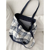 Retro Denim Plaid Stitching Double-Sided Back Tote Shoulder Bag Korean Simple College All-Match Homemade Autumn and Winter New