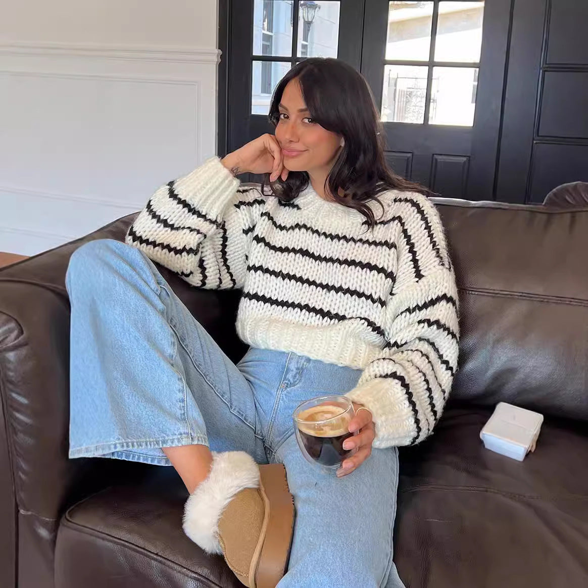 fall outfits 2024 Autumn and Winter New Striped Sweater Sweater round Neck Long Sleeve Loose Casual Pullover Sweater Top