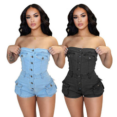 LIZAKOSHT - PopularGirl 2024 Summer New Denim Jumpsuit F88554 Tube Top Stretch One-Piece Shorts