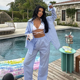 LIZAKOSHT - European and American Style Casual Loose Shirt and Trousers Suit for Women 2024 Summer New Striped Fashion Two-piece Suit Cross-border