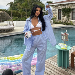 LIZAKOSHT - European and American Style Casual Loose Shirt and Trousers Suit for Women 2024 Summer New Striped Fashion Two-piece Suit Cross-border