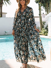 LIZAKOSHT - Women's Floral Frill Ruffle Flounce Sleeve Chiffon Dress, Boho Deep V Neck A Line Dress, Comfort Dress for Beach Holiday Vacation, Summer Holiday Outfits 2024