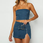 2000s fashion Summer Denim Suit New Denim Wrapped Chest Top Hot Girl Sexy Split Skirt