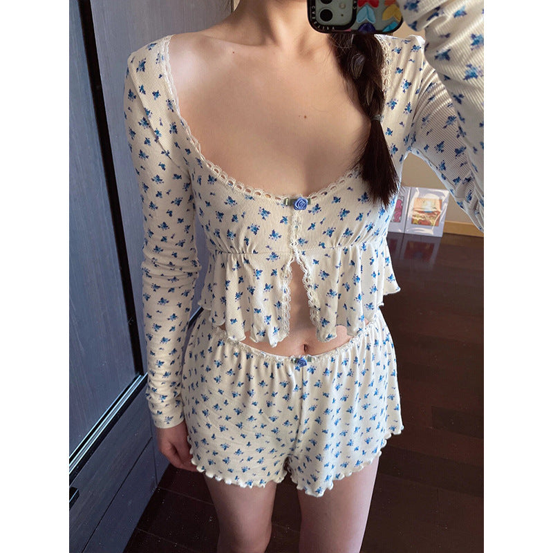 fall outfits 2024 Girl's Pure Floral Long-Sleeved Pajamas Women's 2024 New Spring Hot Girl Sexy Homewear Shorts Suit Summer