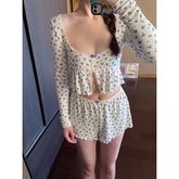 fall outfits 2024 Girl's Pure Floral Long-Sleeved Pajamas Women's 2024 New Spring Hot Girl Sexy Homewear Shorts Suit Summer