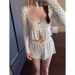 fall outfits 2024 Girl's Pure Floral Long-Sleeved Pajamas Women's 2024 New Spring Hot Girl Sexy Homewear Shorts Suit Summer