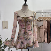 2000s fashion Spring and Summer New French Square Collar Lace-up Blooming Flared Long-Sleeved Top Lace Edge Design T-shirt