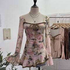 2000s fashion Spring and Summer New French Square Collar Lace-up Blooming Flared Long-Sleeved Top Lace Edge Design T-shirt