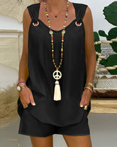 LIZAKOSHT - Two-Piece Set Women's Plus Size Solid Grommet Eyelet Tank Top & Elastic Waist Shorts Set, Boho Casual Sleeveless Top & Shorts for Beach Vacation Holiday, Women's Two-piece Outfits for Summer