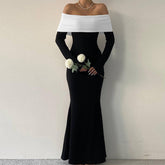 business casual outfits for women French Fashion Classic Contrast Color Laminated Chest Wrap Long Sleeve Slim-Fit Sheath Elegant Style Long Dress