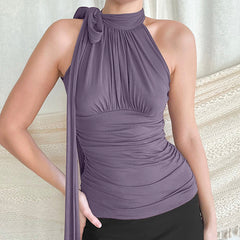 LIZAKOSHT - French Elegant Solid Color One-shoulder Neck Pleated Lace-up T-shirt
