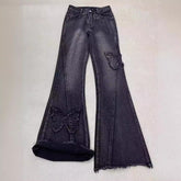 y2k American Retro Butterfly Stitching Frayed Jeans Women's Micro Horn Loose Slimming Straight Mop Pants Spring and Autumn New
