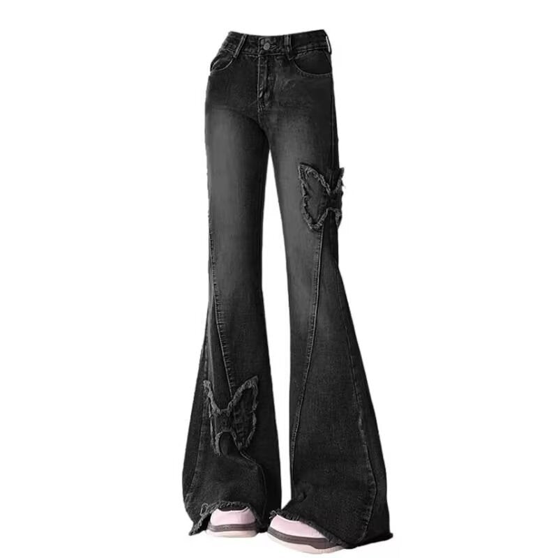 y2k American Retro Butterfly Stitching Frayed Jeans Women's Micro Horn Loose Slimming Straight Mop Pants Spring and Autumn New