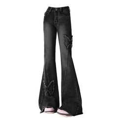 y2k American Retro Butterfly Stitching Frayed Jeans Women's Micro Horn Loose Slimming Straight Mop Pants Spring and Autumn New