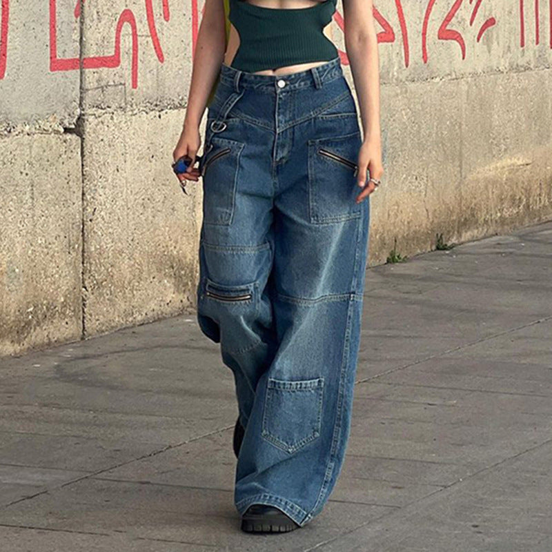 2000s fashion Patchwork Blue Wash Baggy Cargo Jeans