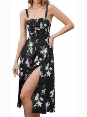 LIZAKOSHT - Women's Plain Ruched Lace Up Split Cami Dress, Elegant Tie Front Sleeveless Midi Dress for Summer, Fashion Women's Dress for Beach Holiday, Summer Clothes, Summer Outfits 2024