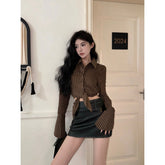 y2k Spring Hot Girl American Preppy Style Striped Hollow Lace-up Long Sleeve Shirt Maillard Bell Sleeve Top for Women