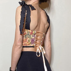 Lizakosht Y2K Vintage Aesthetic Printed Lace Up Camisole Women Bow Bandage Hollow Tank Top Skinny Party Streetwear Summer Trend