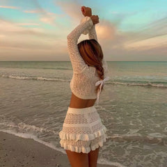 LIZAKOSHT - college halloween costume ideas Women's Spring and Summer Knitted Suit Break Sexy Hot Girl Long-Sleeved Short Top Hot Pants Two-Piece Set