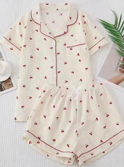 LIZAKOSHT - Women's All Over Print Elastic Waist Pyjama Set, Button Front Top & Bow Decor Shorts, Summer Sleepwear, Pajama Sets Women, Nightwear Set for Women