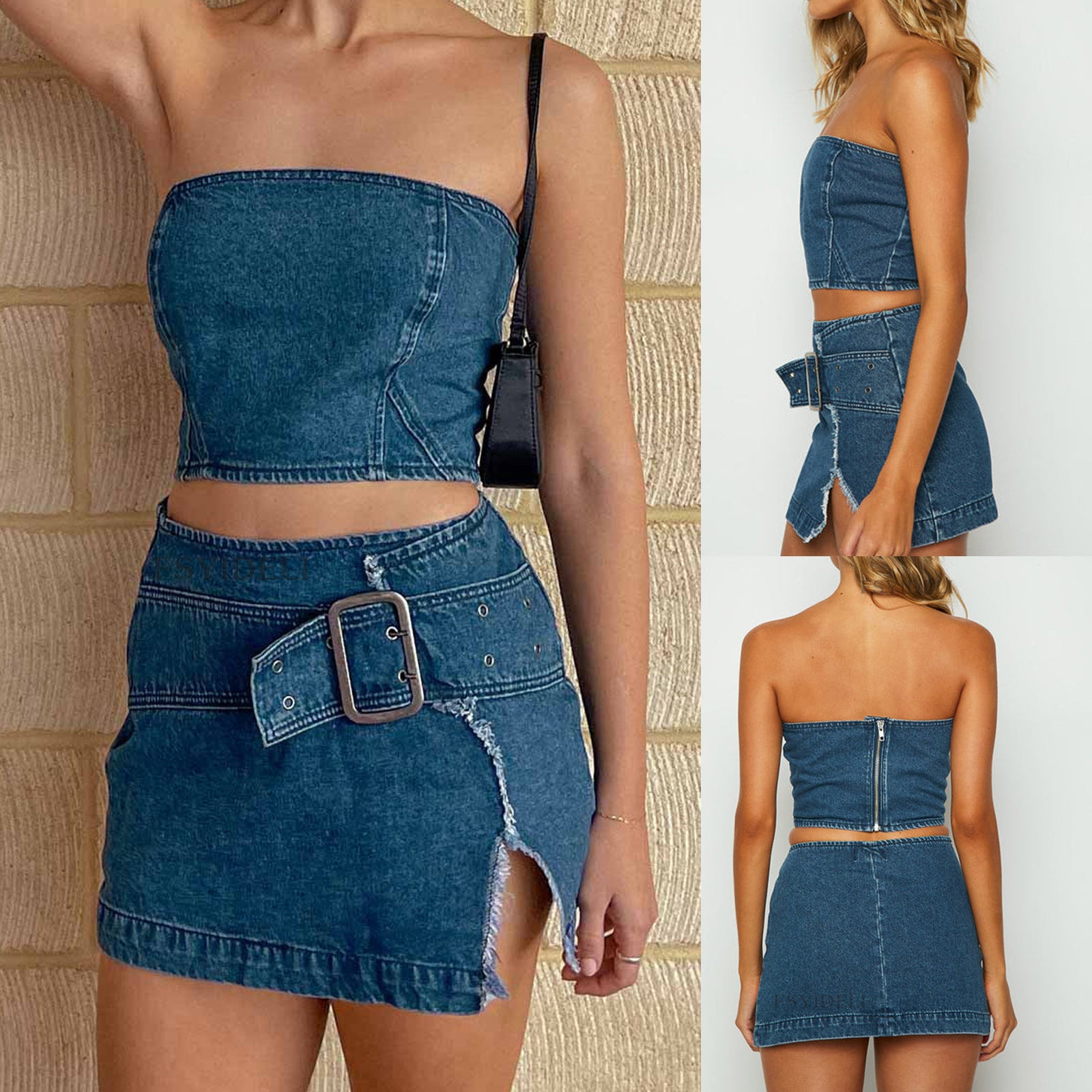 2000s fashion Summer Denim Suit New Denim Wrapped Chest Top Hot Girl Sexy Split Skirt