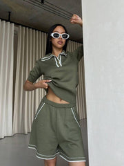LIZAKOSHT - European and American 2024 Summer New Style Lapel Short Sleeve Simple Solid Color Loose Shorts Woolen Suit Female Leisure Two-piece Suit