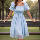 LIZAKOSHT - Women's Floral Embroidery Puff Sleeve Dress, Romantic Square Neck Shirred A Line Dress, Ladies Summer Clothes for Beach Vacation Holiday Wedding Guest