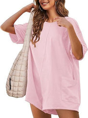 LIZAKOSHT - Faleave Rompers for Women Casual Short Sleeve Oversized Athletic Jumpsuits Workout Reversible Hot Shot Tee Romper Overalls