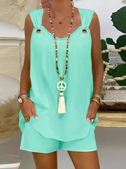 LIZAKOSHT - Two-Piece Set Women's Plus Size Solid Grommet Eyelet Tank Top & Elastic Waist Shorts Set, Boho Casual Sleeveless Top & Shorts for Beach Vacation Holiday, Women's Two-piece Outfits for Summer