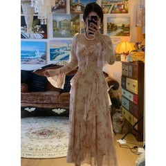 dress to impress Chubby plus Size French Style Elegant Pink Floral Fairy Long Sleeve Dress Women's New Ruffled Design Dress