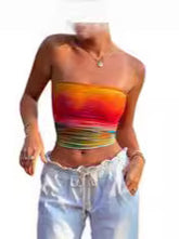 LIZAKOSHT - Women Wrap Chest Tube Tops Print Boat Neck Strapless Tank Tops Summer Backless Bandeau Crop Tops Fashion Light