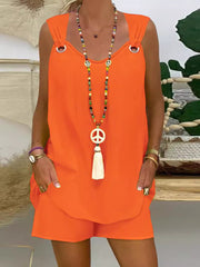 LIZAKOSHT - Two-Piece Set Women's Plus Size Solid Grommet Eyelet Tank Top & Elastic Waist Shorts Set, Boho Casual Sleeveless Top & Shorts for Beach Vacation Holiday, Women's Two-piece Outfits for Summer