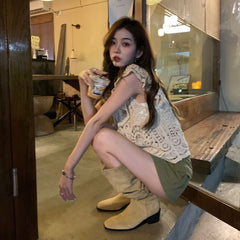 LIZAKOSHT - Women's Rhinestone Decor Hollow Out Button Front Ruffle Hem Cardigan, Boho Butterfly Sleeve Round Neck Knitwear for Summer, Fashion Women's Knit Clothing for Daily Wear