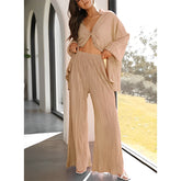 LIZAKOSHT - New Cross-border Women's Spring Solid Color Pleated Single-breasted Top High Waist Wide-leg Flared Pants Home Wear Suit