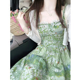 cybergoth dress to impress Niche Summer New Green Floral Strap Dress Women's Long Seaside Holiday Skirt Waist-Tight A- line Skirt Fashion