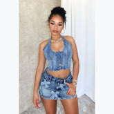 LIZAKOSHT - Denim Skirt Set Fashion Denim Skirt 2 Piece Set Fashion Printed Embroidered Half Skirt Set Sexy Spice Girls Hanging Neck Denim Top Wrap Hip Half Body Skirt Vintage Tie Cross Washed Set