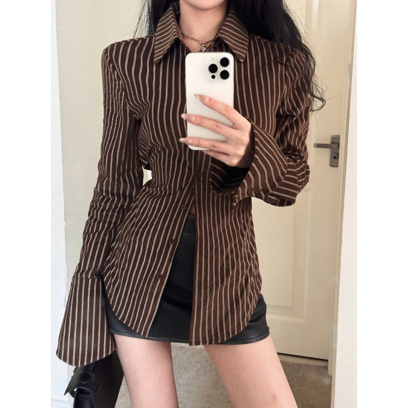 y2k Spring Hot Girl American Preppy Style Striped Hollow Lace-up Long Sleeve Shirt Maillard Bell Sleeve Top for Women