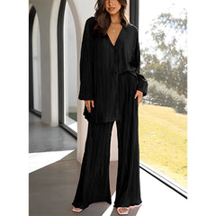 LIZAKOSHT - New Cross-border Women's Spring Solid Color Pleated Single-breasted Top High Waist Wide-leg Flared Pants Home Wear Suit