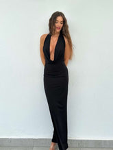 LIZAKOSHT - Women's Solid Backless Draped Tie Back Satin Dress, Fashion Halter Neck Sleeveless Long Dress for Evening Party, Ladies Summer Clothes