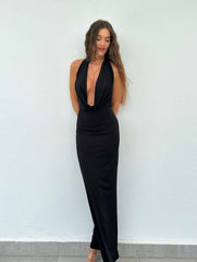 LIZAKOSHT - Women's Solid Backless Draped Tie Back Satin Dress, Fashion Halter Neck Sleeveless Long Dress for Evening Party, Ladies Summer Clothes