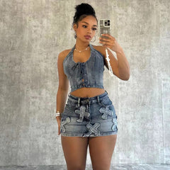 LIZAKOSHT - Denim Skirt Set Fashion Denim Skirt 2 Piece Set Fashion Printed Embroidered Half Skirt Set Sexy Spice Girls Hanging Neck Denim Top Wrap Hip Half Body Skirt Vintage Tie Cross Washed Set