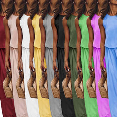 LIZAKOSHT - 2024 Summer European and American Women's Clothing Trend Retro Round Neck Sleeveless Slit Solid Color Two-piece Dress