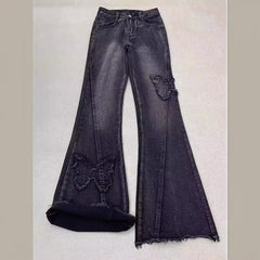 y2k American Retro Butterfly Stitching Frayed Jeans Women's Micro Horn Loose Slimming Straight Mop Pants Spring and Autumn New