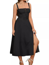 LIZAKOSHT - Women's Plain Ruched Lace Up Split Cami Dress, Elegant Tie Front Sleeveless Midi Dress for Summer, Fashion Women's Dress for Beach Holiday, Summer Clothes, Summer Outfits 2024