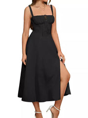 LIZAKOSHT - Women's Plain Ruched Lace Up Split Cami Dress, Elegant Tie Front Sleeveless Midi Dress for Summer, Fashion Women's Dress for Beach Holiday, Summer Clothes, Summer Outfits 2024