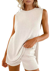LIZAKOSHT - Womens Summer Knit Sweater Set Sleeveless Tunic Top Matching Shorts 2 Piece Outfits Trendy Beach Vacation Set