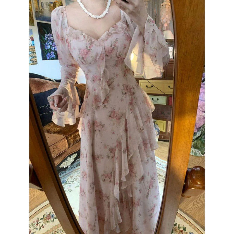 dress to impress Chubby plus Size French Style Elegant Pink Floral Fairy Long Sleeve Dress Women's New Ruffled Design Dress