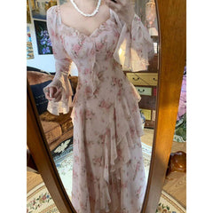 dress to impress Chubby plus Size French Style Elegant Pink Floral Fairy Long Sleeve Dress Women's New Ruffled Design Dress