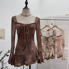 2000s fashion Spring and Summer New French Square Collar Lace-up Blooming Flared Long-Sleeved Top Lace Edge Design T-shirt