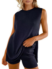 LIZAKOSHT - Womens Summer Knit Sweater Set Sleeveless Tunic Top Matching Shorts 2 Piece Outfits Trendy Beach Vacation Set